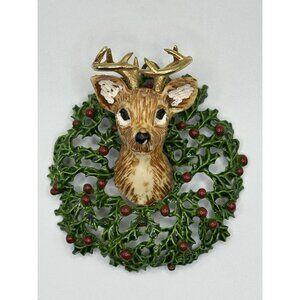 Rare L. Razza Christmas Deer Head Wreath Pin Brooch
